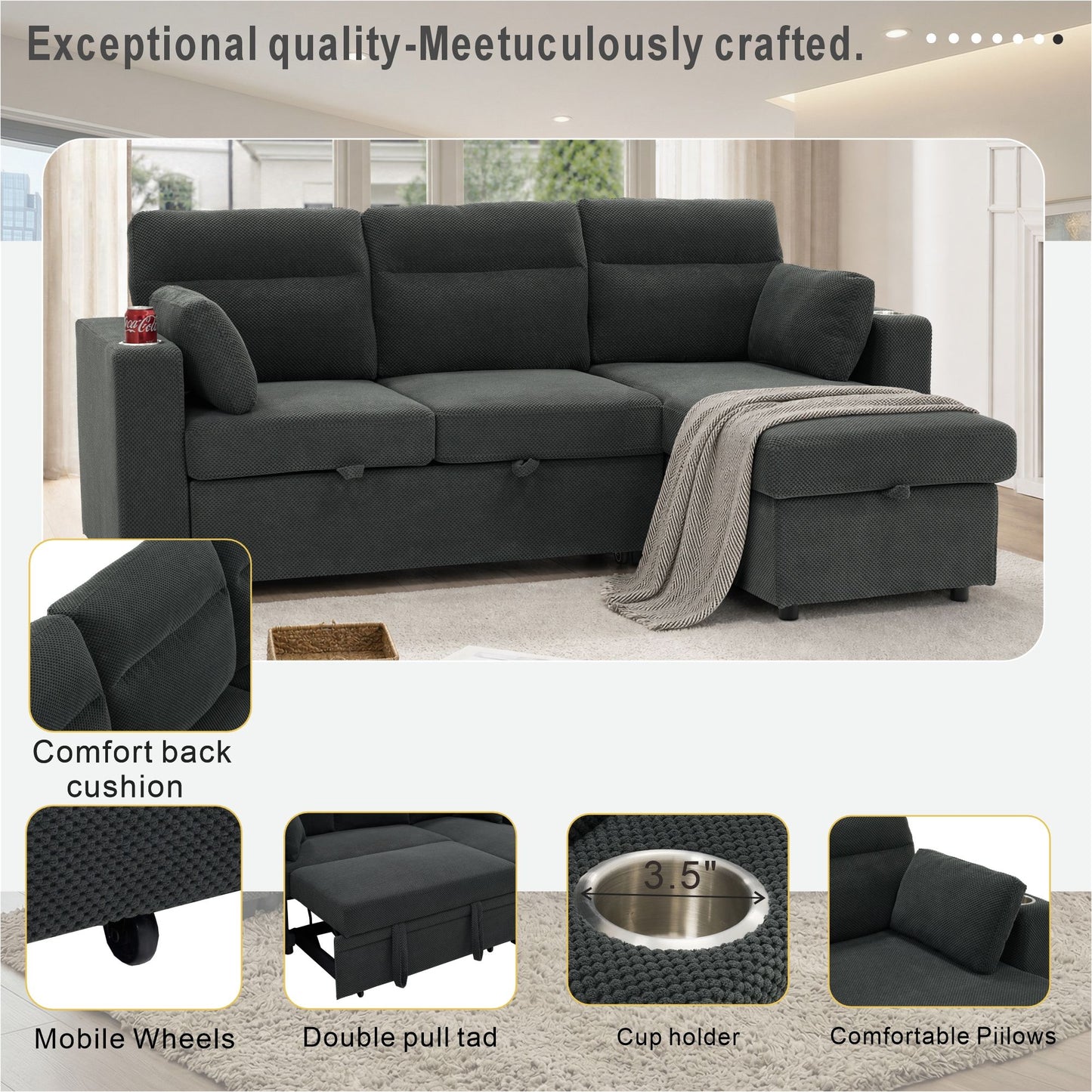 Convertible L - Shaped Sectional Sofa Bed With Storage Chaise, Cup Holders