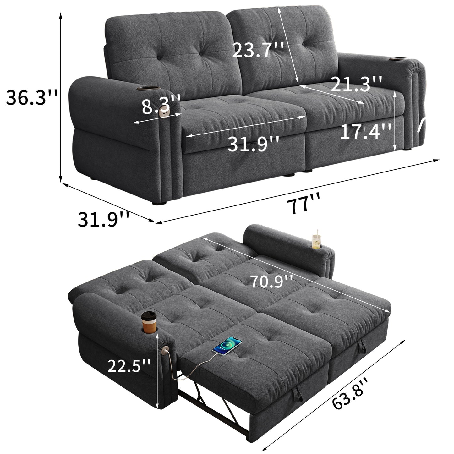 2 In 1 Convertible Sofa Bed For Living Room - Dark Gray - Fabric