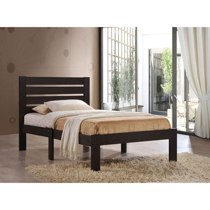 The Kenney bed creates a clean and casual look that will match any bedroom decor. Features wooden slatted headboard, low profile footboard, and is carefully crafted with selected wood and veneers. Box Spring not required.