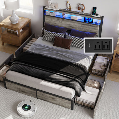 Bed Frame With Headboard, LED Lights & Charging Station