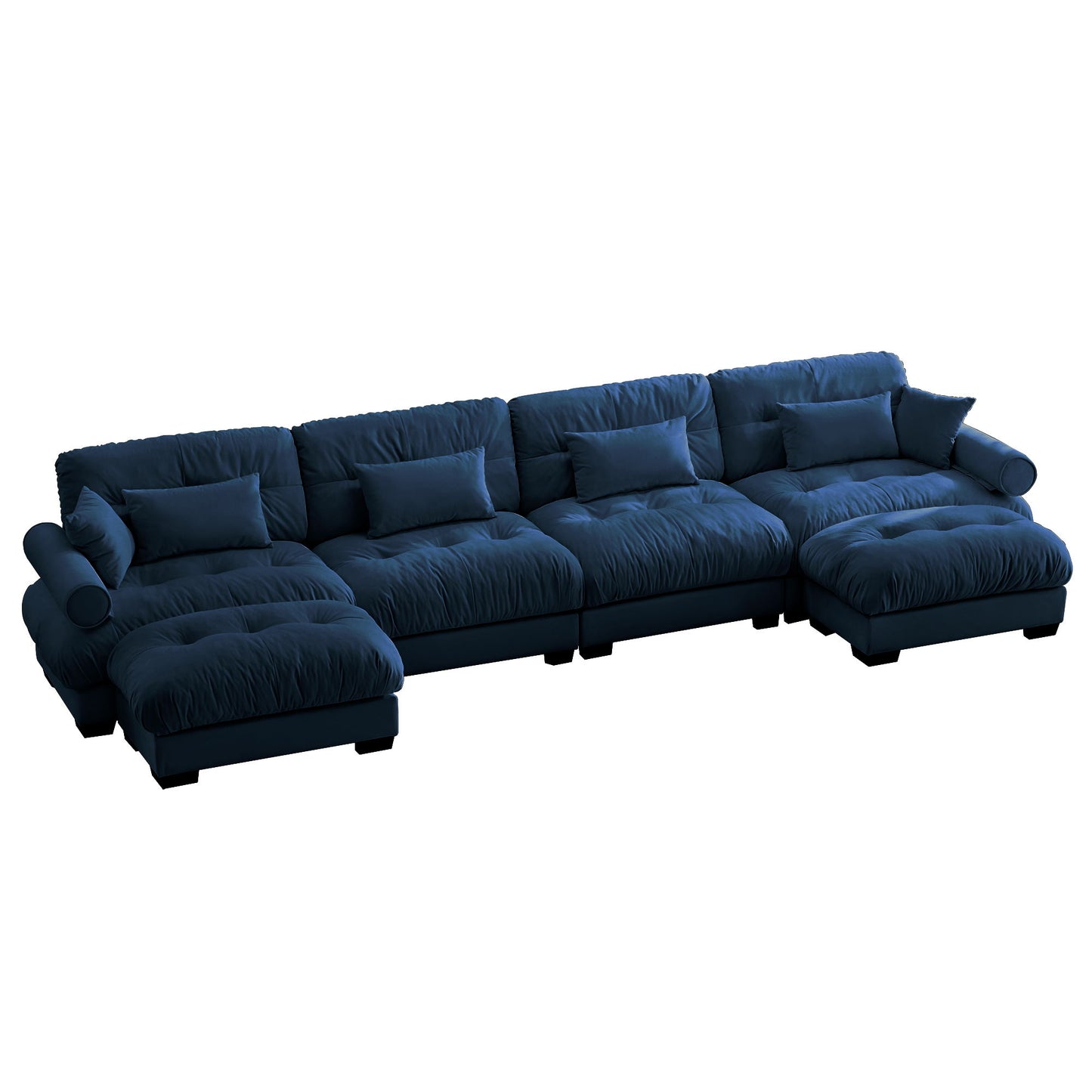 Modern Sectional Sofa With Ottoman, Round Bolster Armrests, Waist And Throw Pillows
