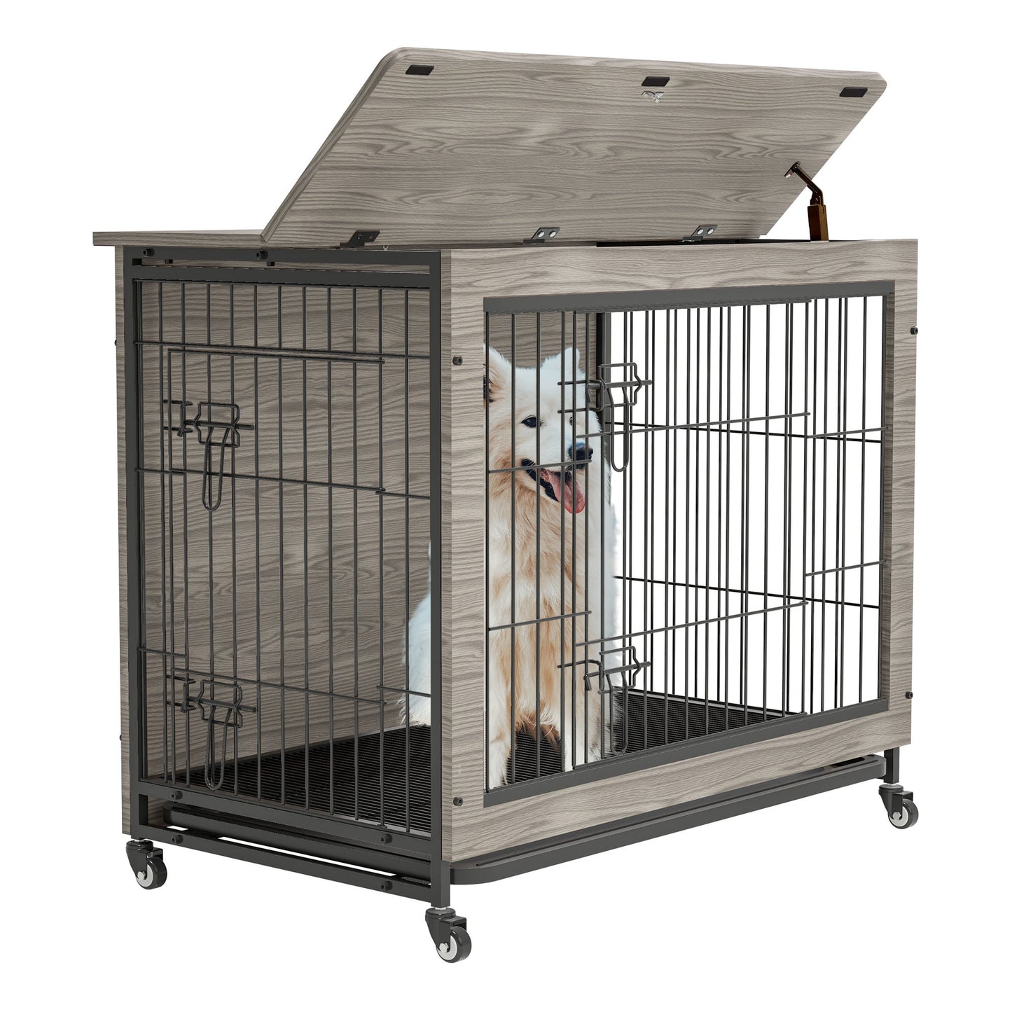 Dog Crate Furniture With Cushion, Wooden Dog Crate Table, Double-Doors Dog Furniture, Dog Kennel Indoor For Small Dog, Dog House, Dog Cage Small