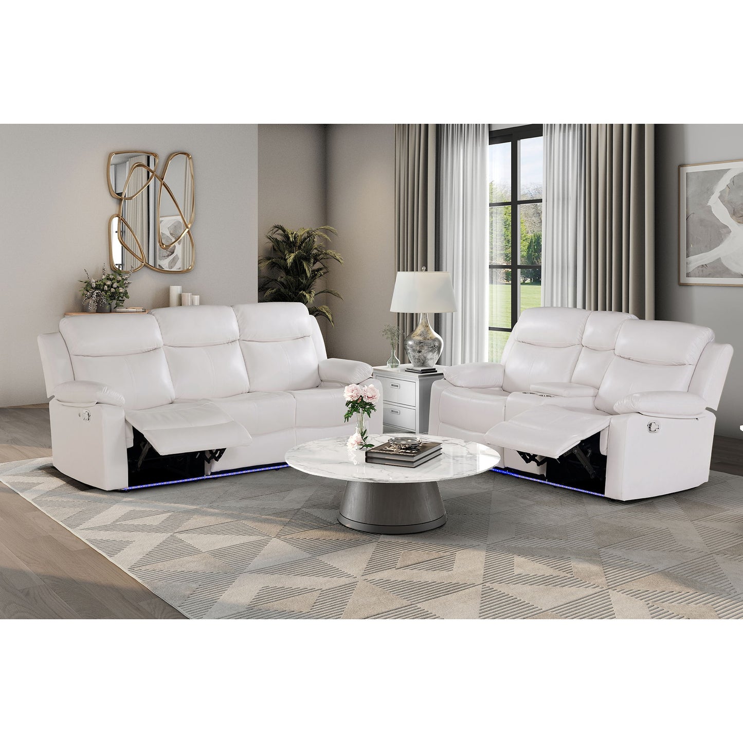 Blanche - Console Reclining Loveseat With LED Lights, Pillow Top Arms, Manual Recline, 2 Cupholders - White