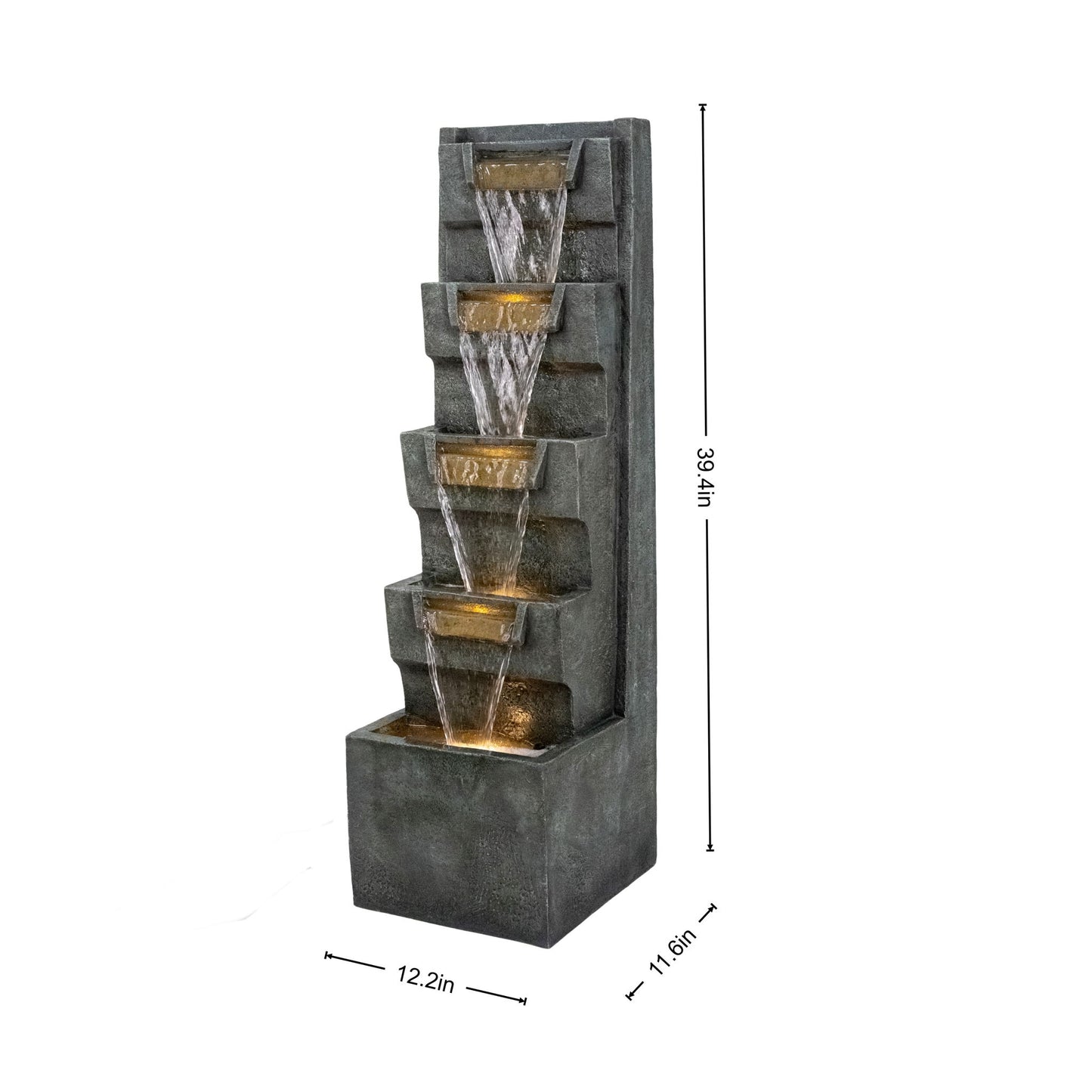 4 Tier Cascading Waterfall Fountain With Warm LED Lights, For Patio - Gray
