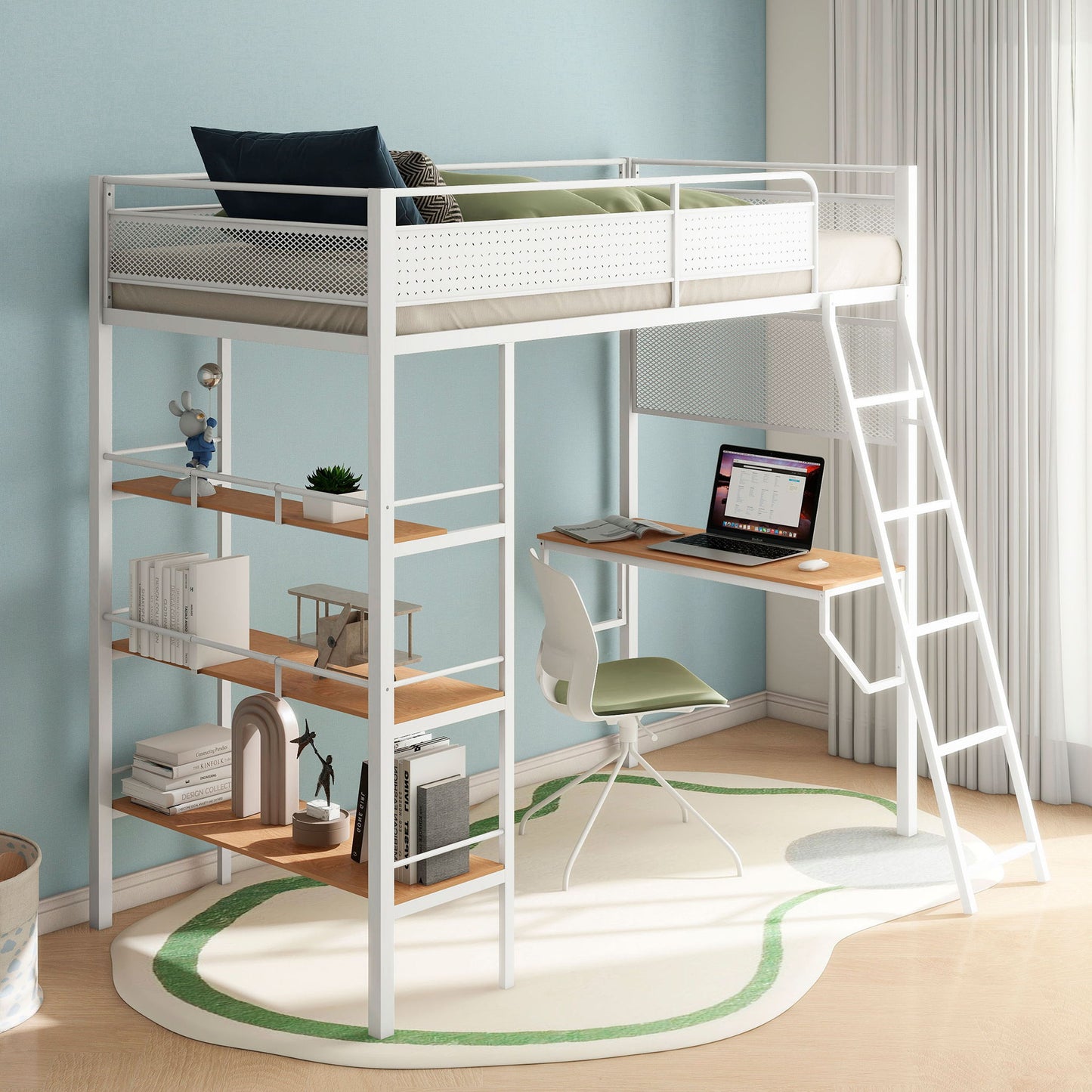 William - 3 Shelf Workstation Loft Bed With Built-In Desk And Storage