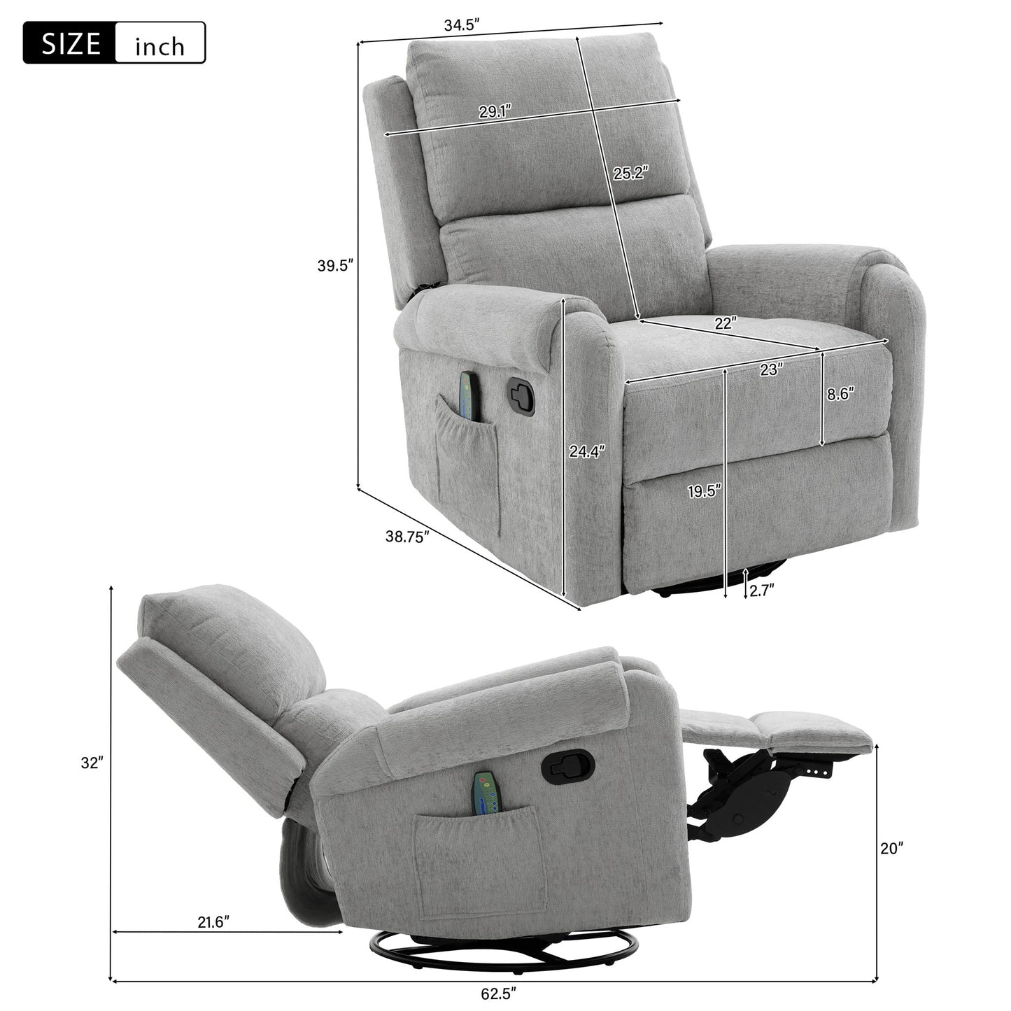 Manual Recliner Massage Chair With Swivel Rocker, 8 Massage Modes, Side Storage Pocket