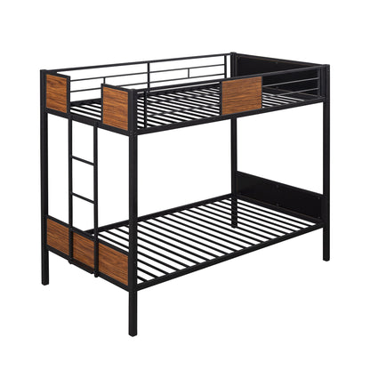 Twin Over Twin Bunk Bunk Bed With Safety Rail, Built In Ladder For Bedroom - Brown
