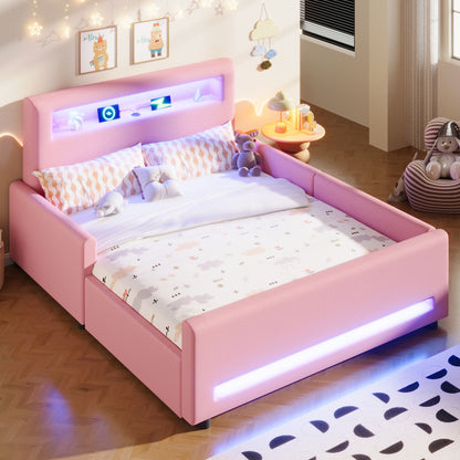 Upholstered Platform Bed With Drawer, LED Light Strip, USB Port