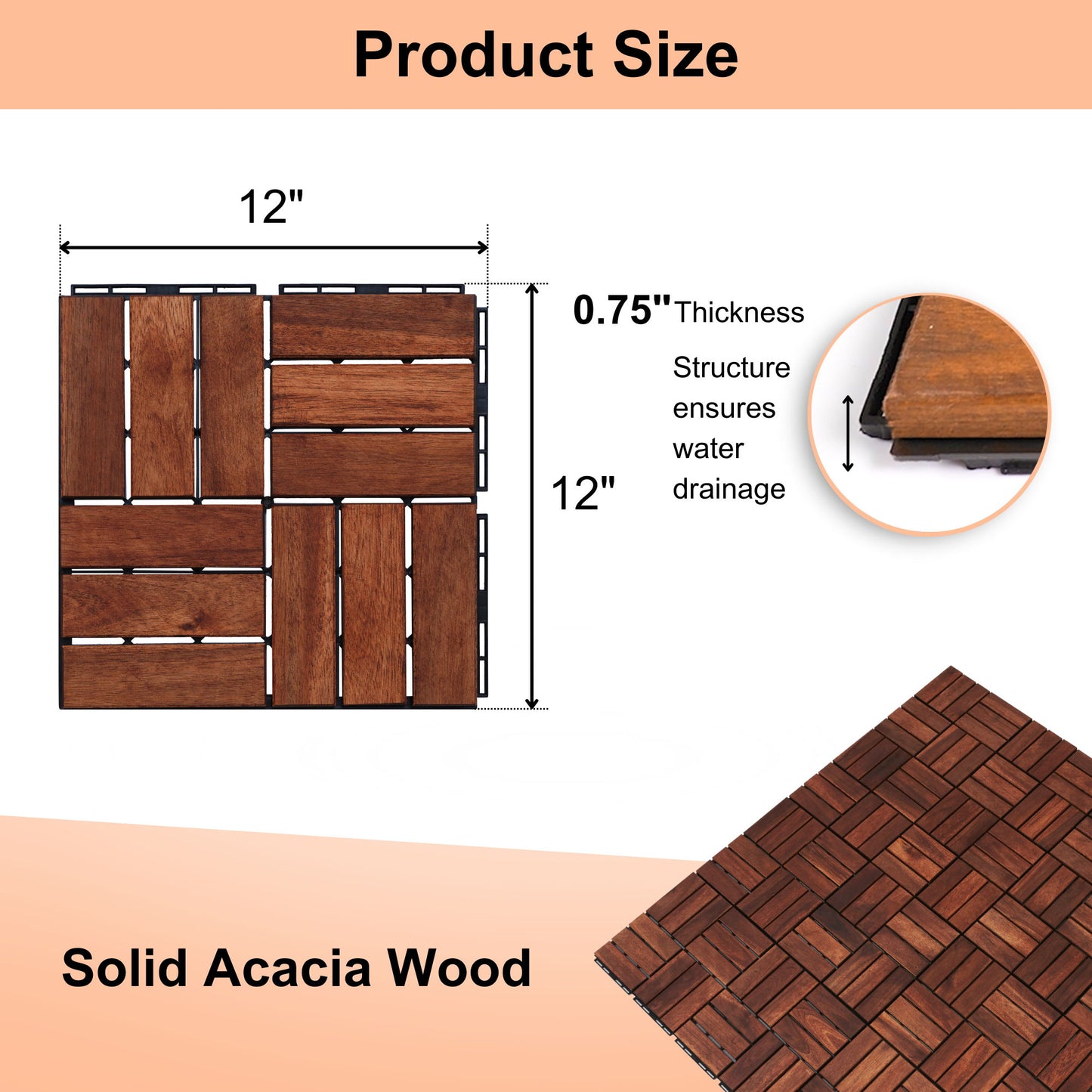 Interlocking Deck Tiles Checker Pattern, Square Acacia Hardwood Outdoor Flooring For Patio, Bancony, Pool Side