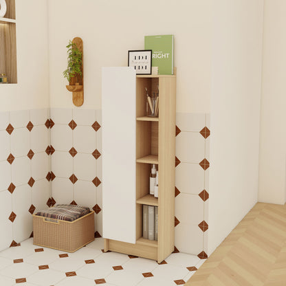 Tall Freestanding Bathroom Side Cabinet With Single Door & 4 Tier Open Shelves - Black / Light Oak / White