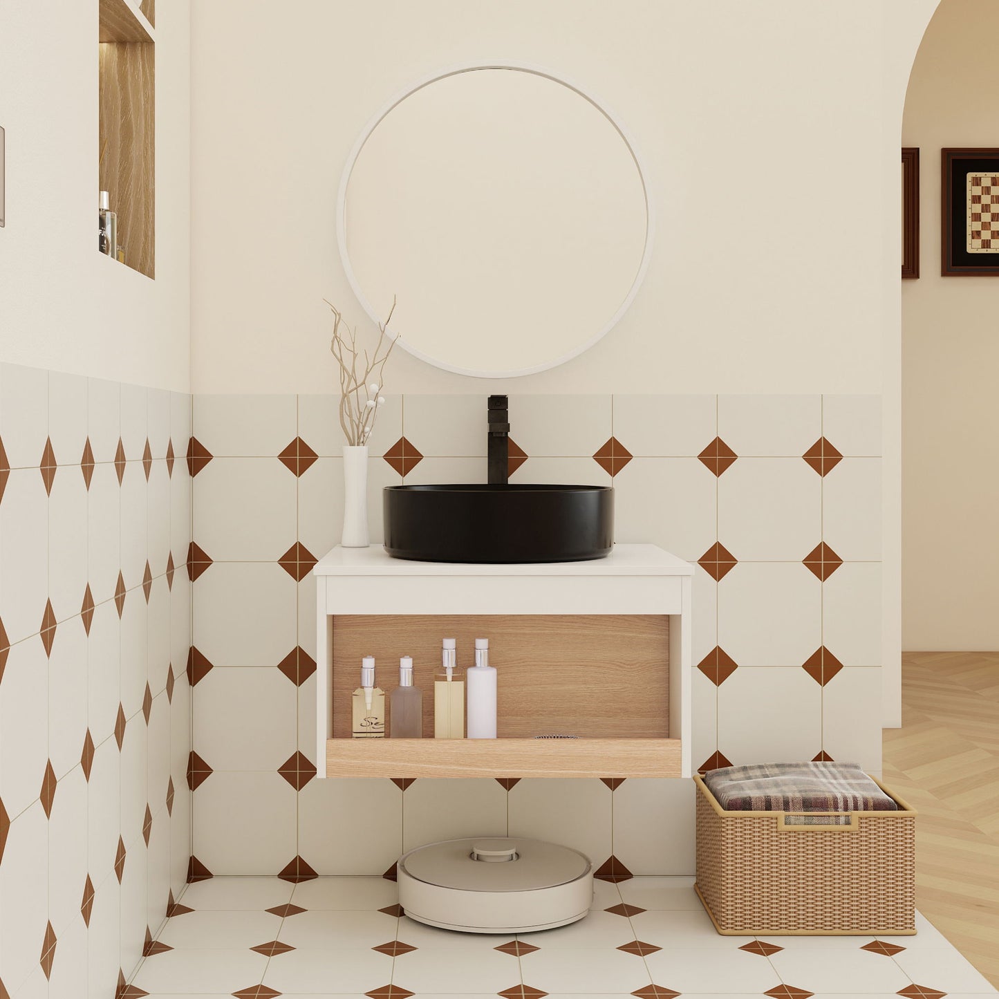 Floating Bathroom Vanity With Glossy Round Vessel Sink