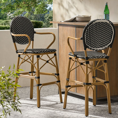 Outdoor Wicker And Aluminum French Barstools (Set of 2)