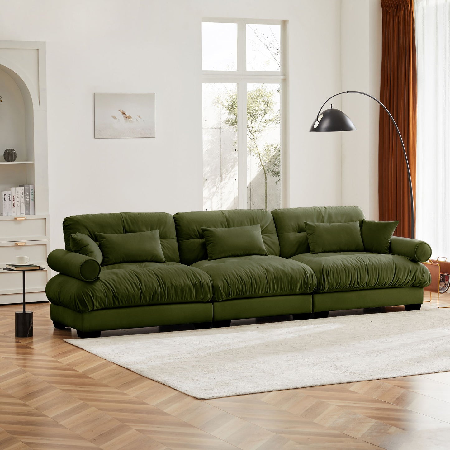 Modern Velvet Sofa With Bolstered Armrests And Pillows
