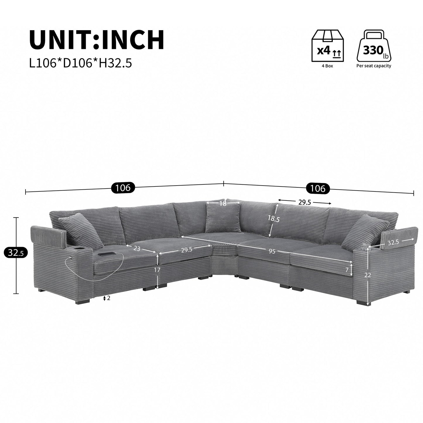 Convertible L Shaped Sectional Corner Couch With Armrest Storage Cup Holders USB Charger, Irregular Corner Oversized Comfy Modular Sofa