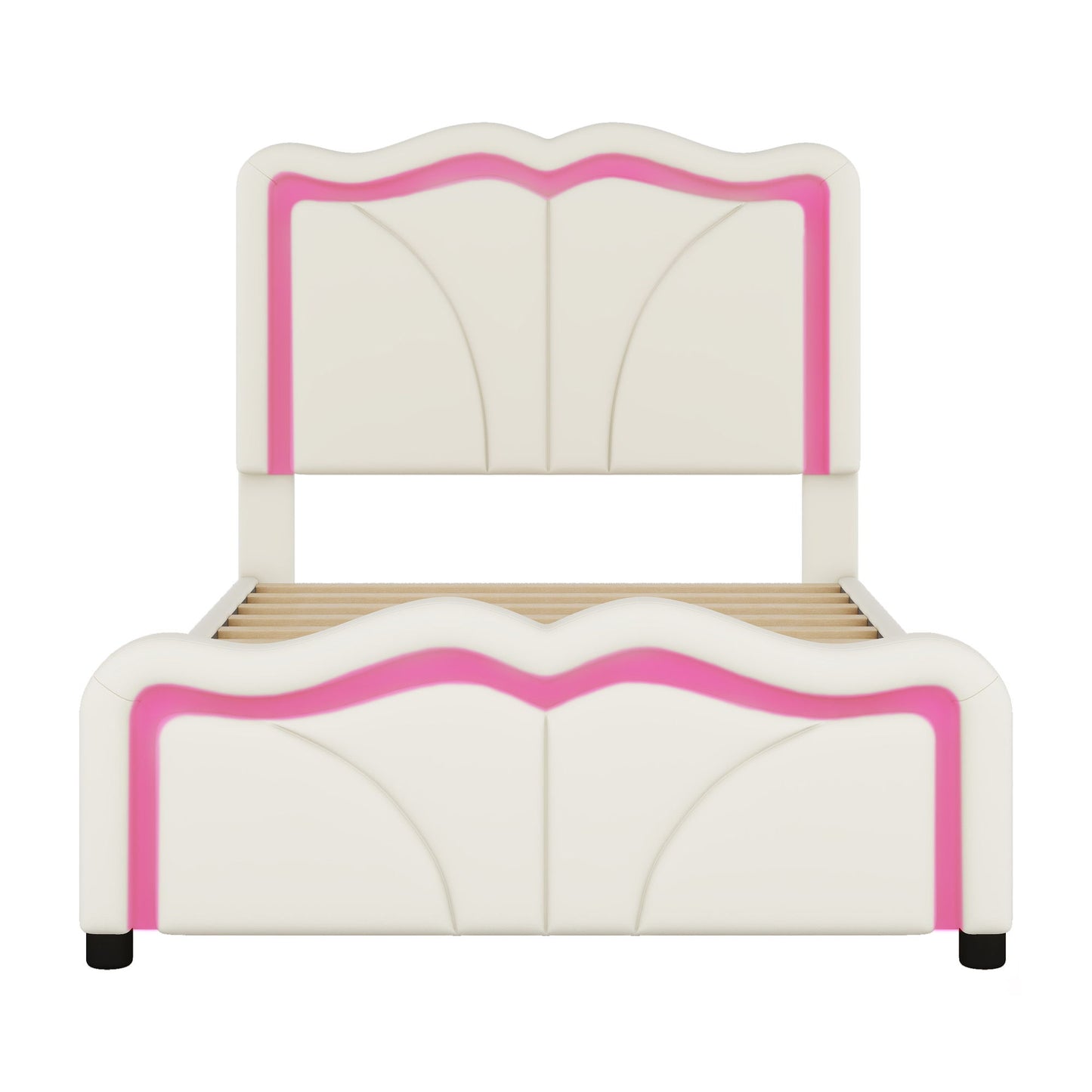 Upholstered Platform Bed & Curve Shaped And Height Adjustable Headboard, LED Light Strips