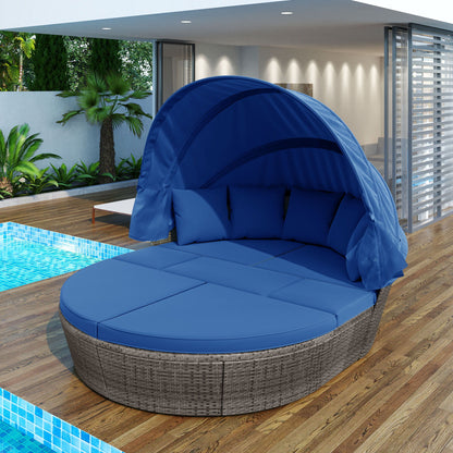 Outdoor Rattan Daybed Sunbed With Retractable Canopy Wicker Furniture, Round Outdoor Sectional Sofa Set - Black Wicker Furniture Clamshell Seating With Washable Cushions, Backyard, Porch