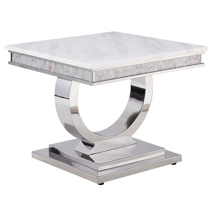 Zander - End Table - White Printed Faux Marble Top & Mirrored Silver