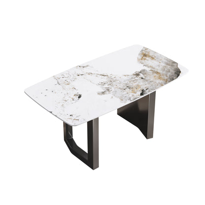 63" Modern Artificial Stone Pandora White Curved Metal Leg Dining Table, 6 People - Antique White / Black