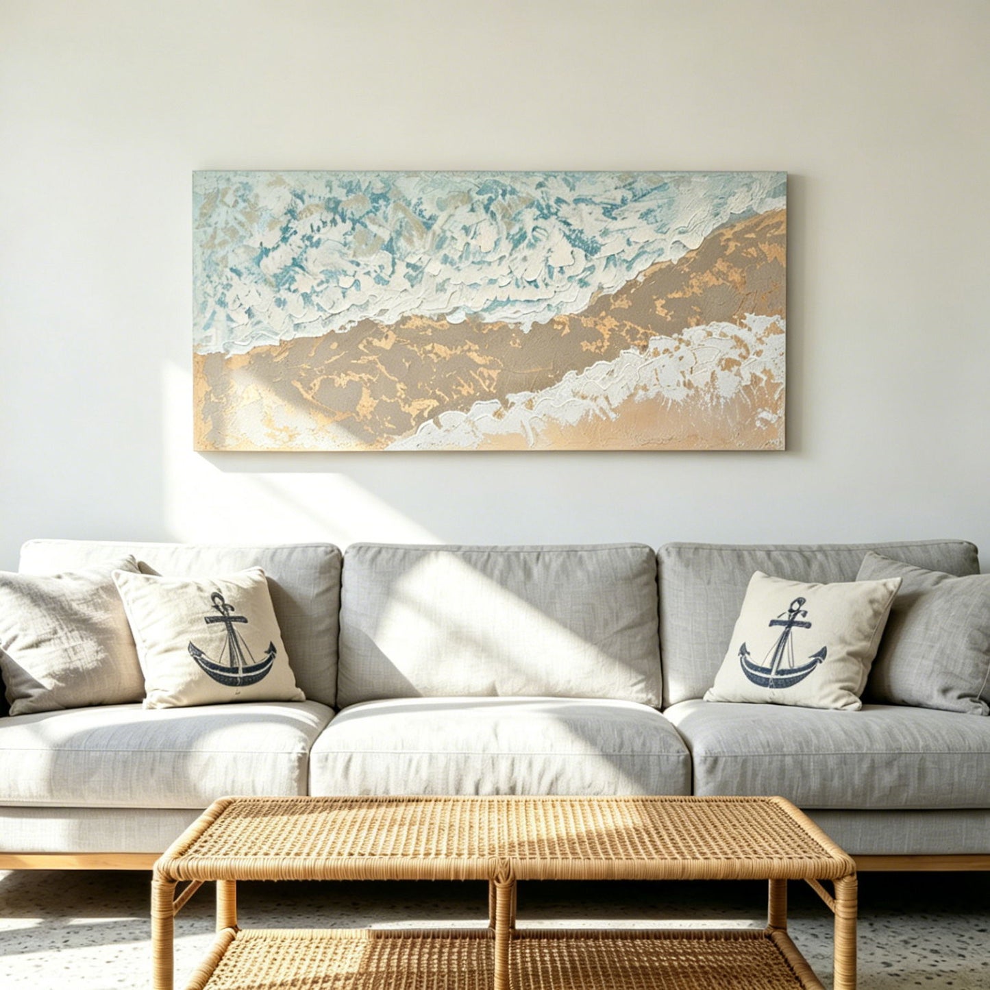 Neutral Beach Landscape Canvas Wall Art, Hand Painted Thick Textured Painting, Decor For Living Room - Beige / Blue