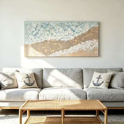 Neutral Beach Landscape Canvas Wall Art, Hand Painted Thick Textured Painting, Decor For Living Room - Beige / Blue