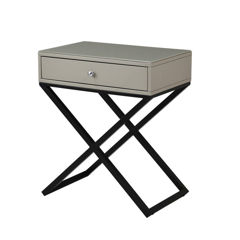 Koda - Wooden End Side Table Nightstand With Glass Top, Drawer And Metal Cross Base