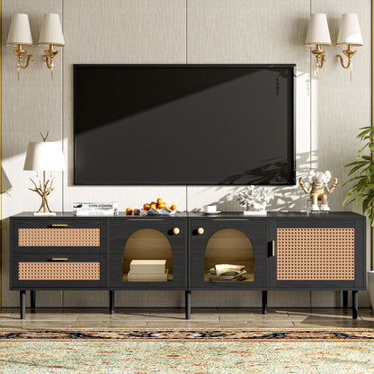 Rattan TV Stand With 3 Cabinets & 2 Drawers, Rattan-Inspired Media Console Table For Tvs Up To 80'', LED Light Entertainment Center, TV Cabinet For Living Room - Black