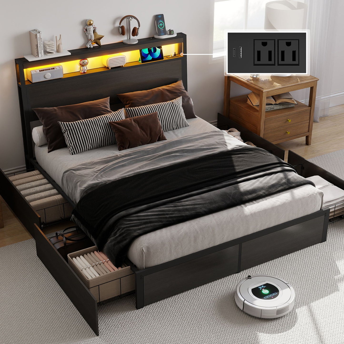 Bed Frame With Headboard, LED Lights & Charging Station