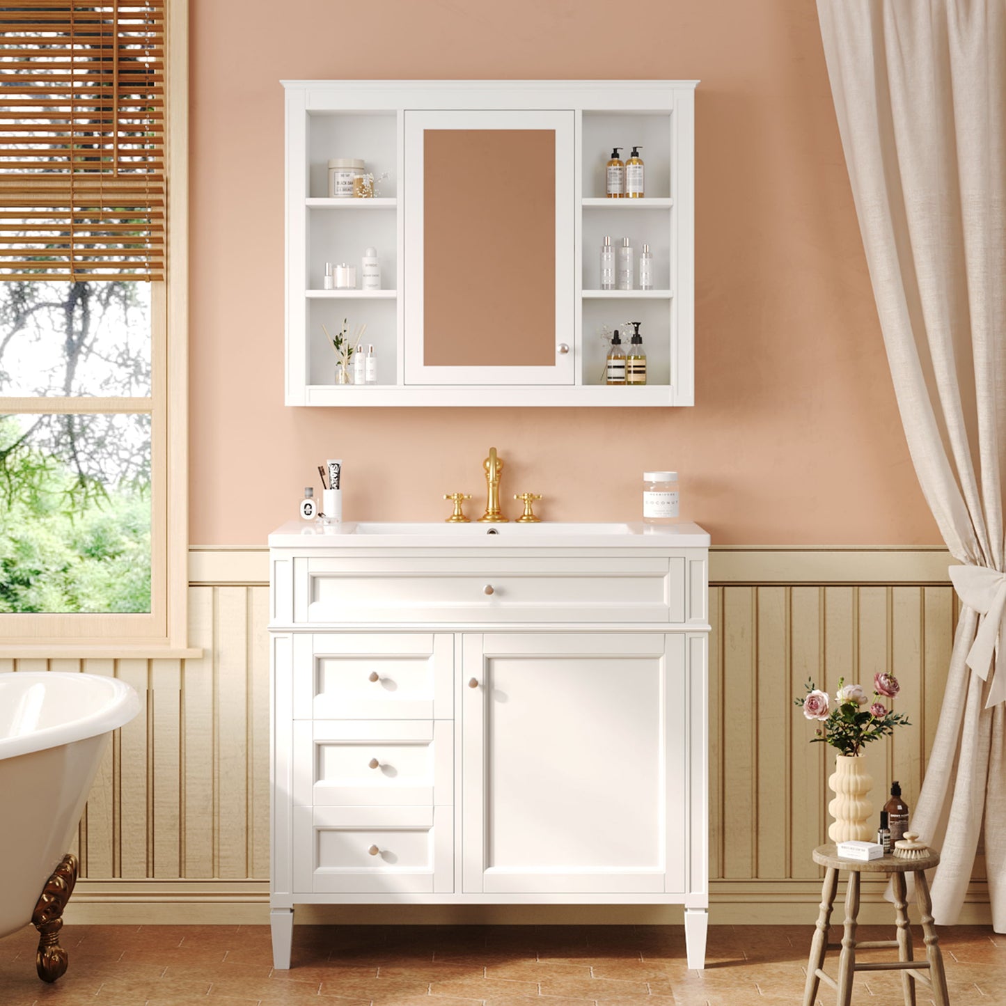 Bathroom Vanity With Mirror Cabinet, Storage Cabinet With 2 Soft Closing Doors And 4 Drawers, Undermount Sink