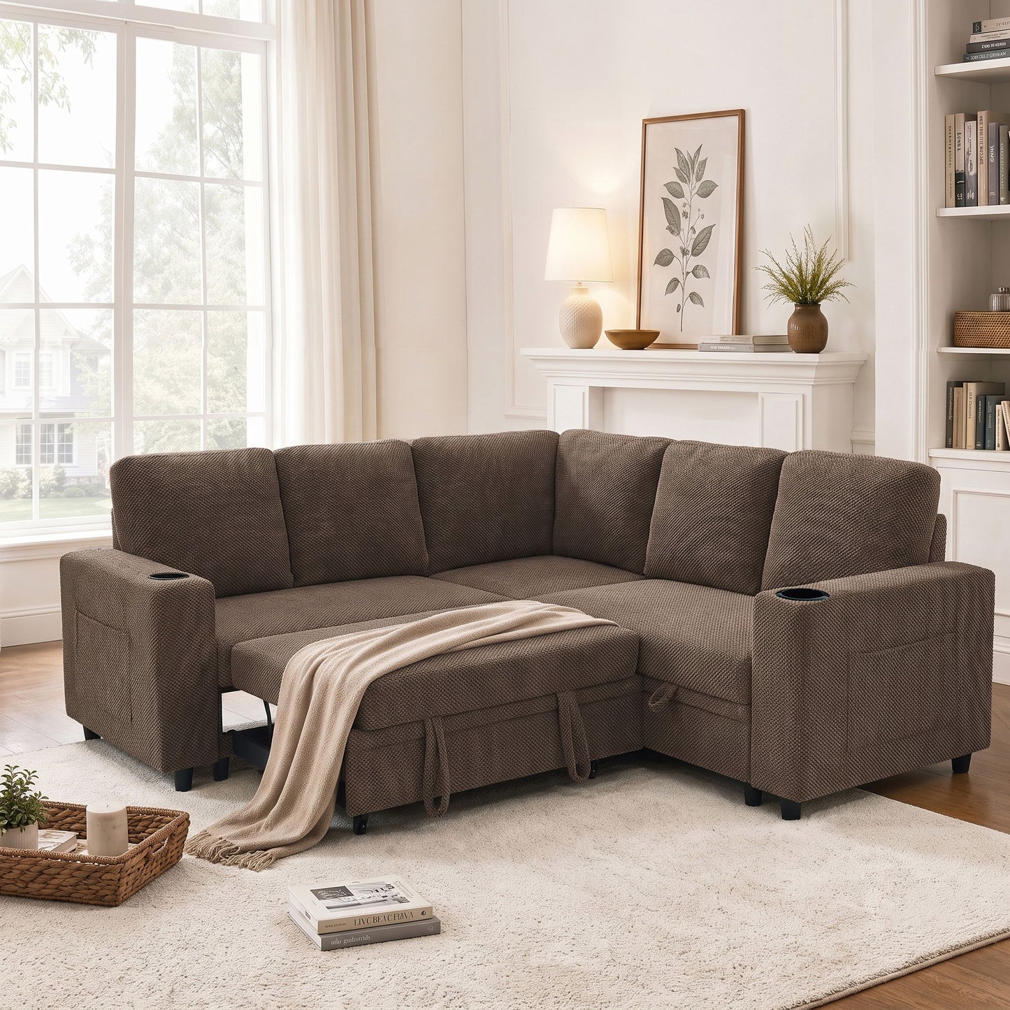 Upholstered L - Shape Sectional Sofa Bed With Pull Out Sleeper And Storage