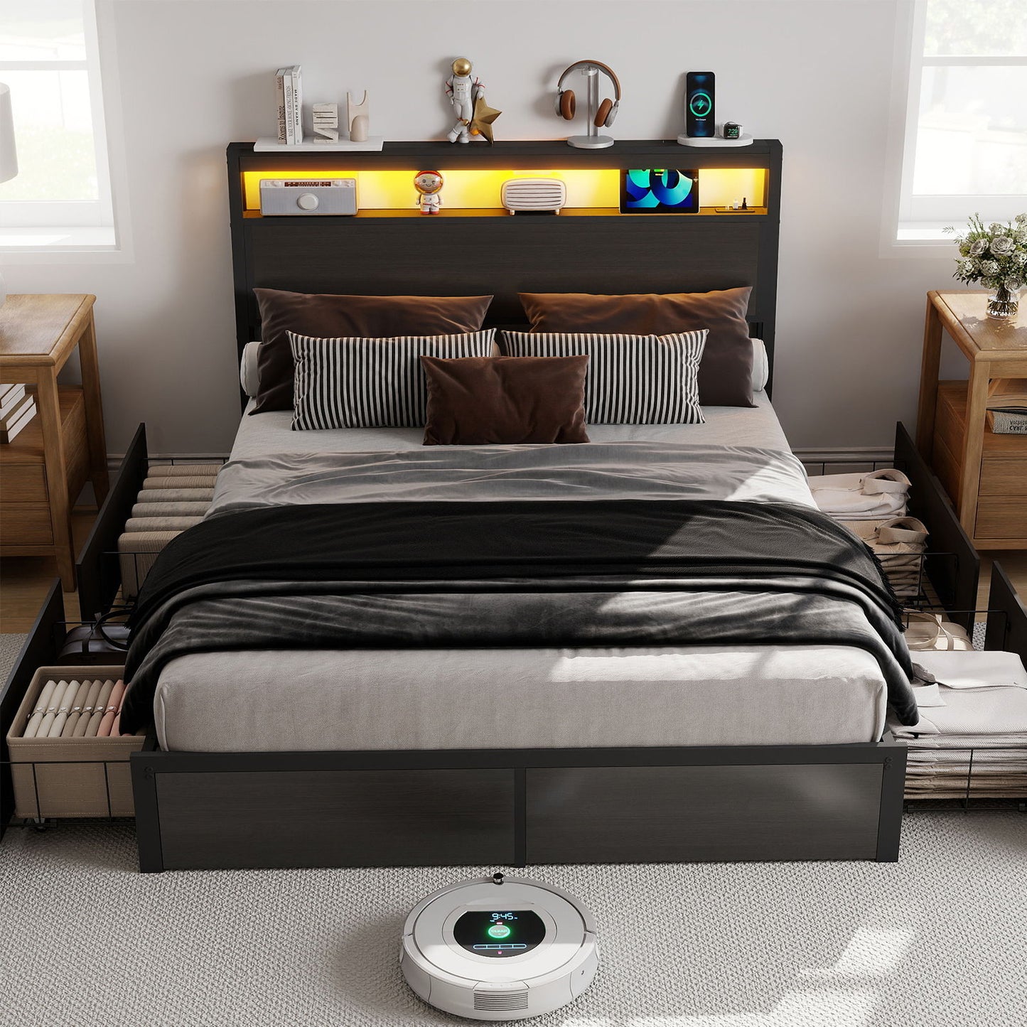 Bed Frame With Headboard, LED Lights & Charging Station