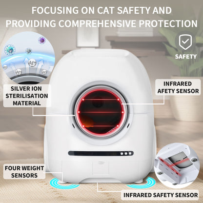 Self-Cleaning Cat Litter Box, 68L+9L, Suitable For A Variety Of Cat Litter, App Control, Real-Time Video, Photo And Video, Safe And Reliable, Ionic Deodorization, With Exhaust Hose, Support Wifi - White