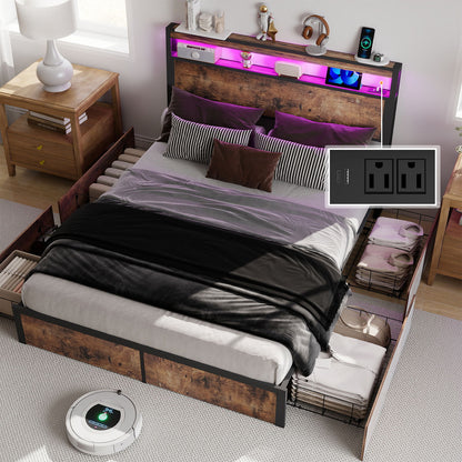 Bed Frame With Headboard, LED Lights & Charging Station
