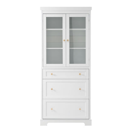Freestanding Tall Bathroom Cabinet With Adjustable Shelves, Drawers, Soft Close Glass Doors