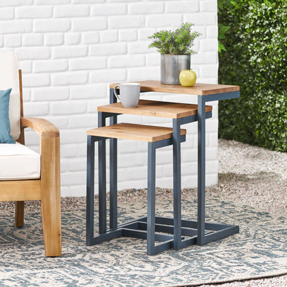 Kacha - Modern Industrial Firwood Nesting Tables (Set of 3) With Iron Frame - Antique Brown / Black