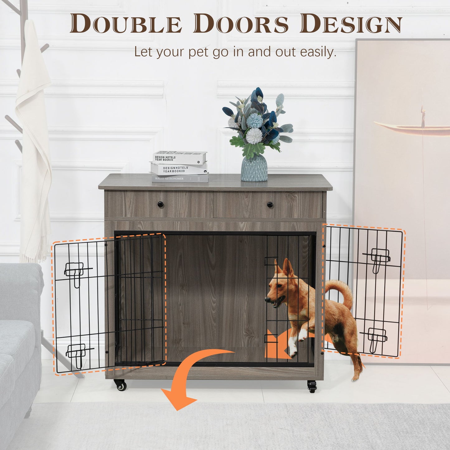 Dog Crate Furniture, Wooden Dog House, Decorative Dog Kennel With Drawer, Indoor Pet Crate End Table For Small Dog, Steel-Tube Dog Cage, Chew-Proof