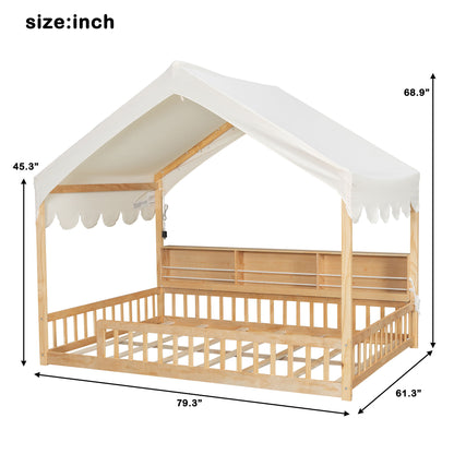 House Shaped Floor Bed With Fense, 3 Storage Bookshelves, Curtain And LED Light