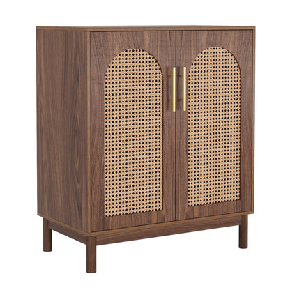 Sideboard Buffet Cabinet With Handwoven Rattan Doors (Set of 2) - Dark Brown
