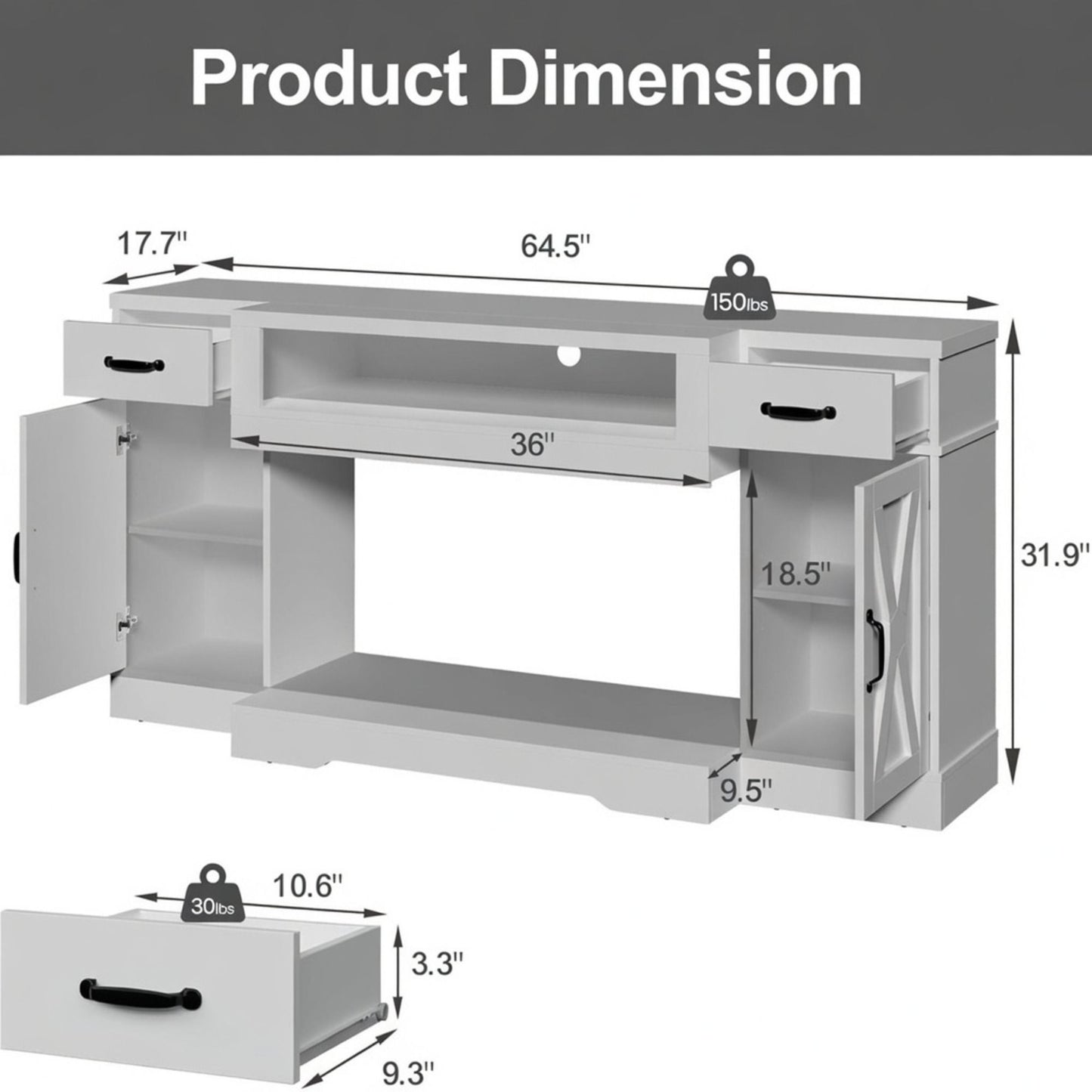 TV Stand With Adjustable Shelves & Double Doors
