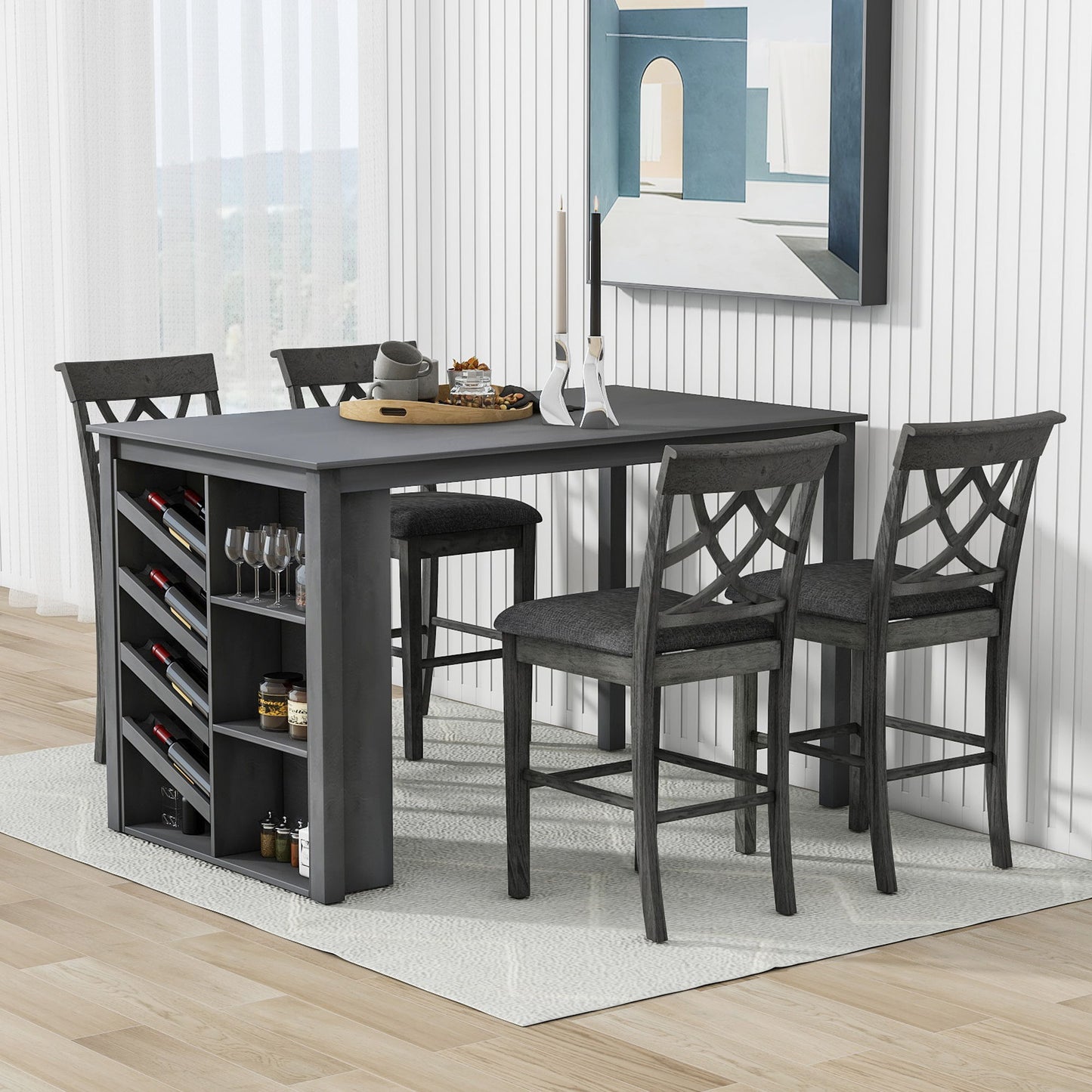 Topmax - 5 Piece Updated Counter Height Solid Wood Dining Table Set, Table With Curved Wine Rack And 4 Upholstered Chairs