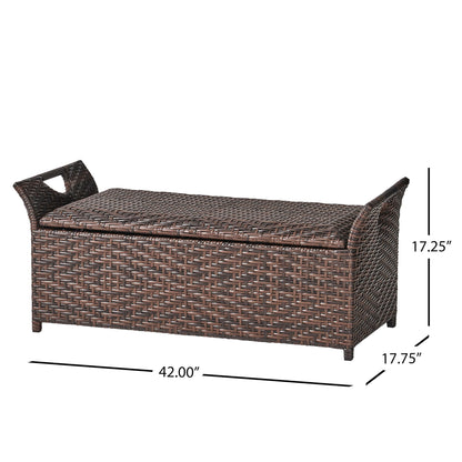 Outdoor Rattan Bench With Flair Arm And Storage - Brown