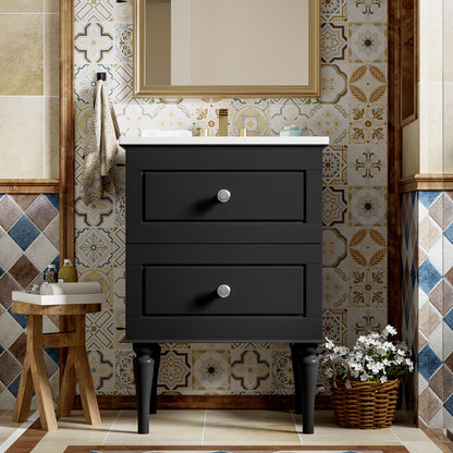 Bathroom Vanity Cabinet With Ceramic Sink Combo Set, Frame Modern Bathroom Storage Cabinet With 2 Drawers - Black