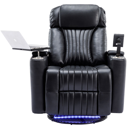 270 Degree Power Swivel Recliner, Home Theater Seating With Hidden Arm Storage And LED Light Strip, Cup Holder, 360 Degree Swivel Tray Table, And Cell Phone Holder, Soft Living Room Chair