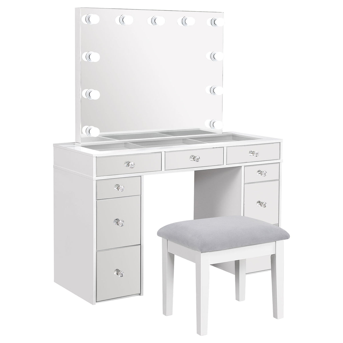 Winona - Makeup Vanity Set With Bulb Lit Mirror And Upholstered Stool - White
