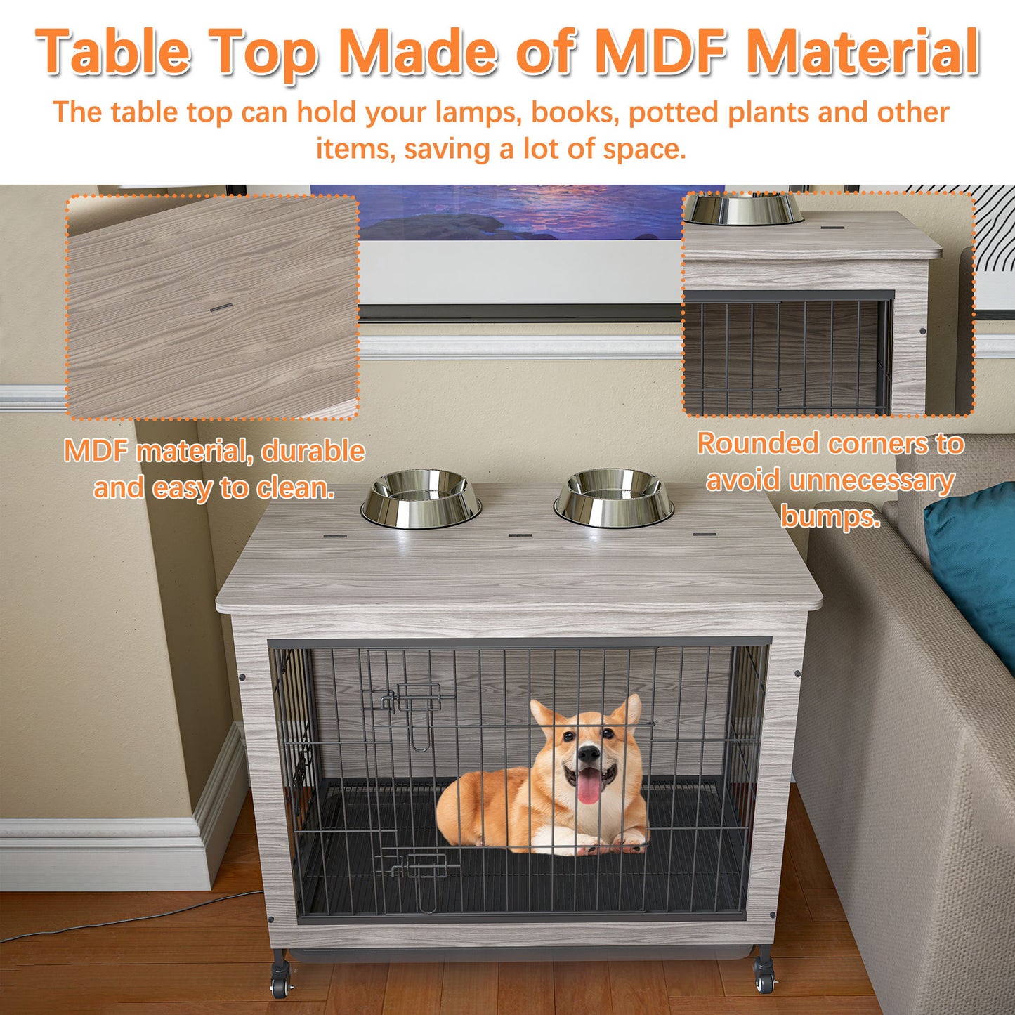 Dog Crate Furniture With Cushion, Wooden Dog Crate Table, Double-Doors Dog Furniture, Dog Kennel Indoor For Small Dog, Dog House, Dog Cage Small