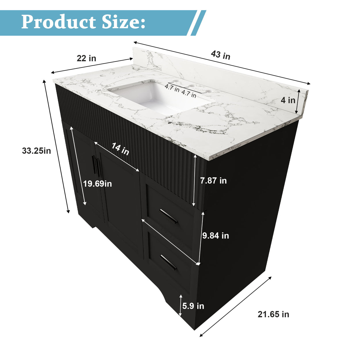 Bathroom Vanity Set, Fluted Cabinet, Soft Close Doors & Drawers, 3 Faucet Holes - Black