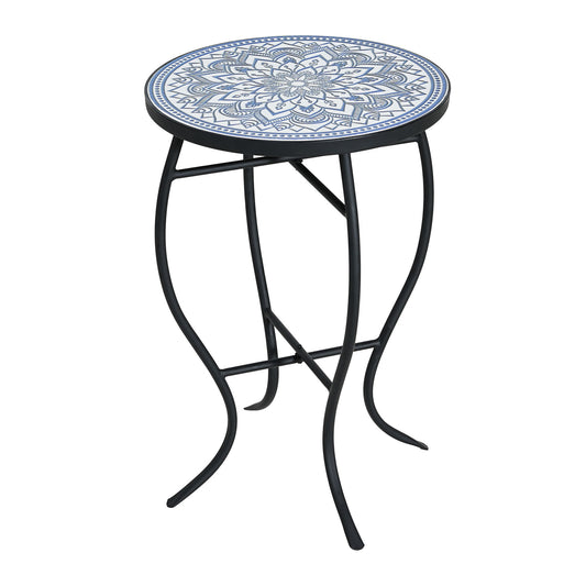 Outdoor Round Side Table With Mosaic Style Top And Curved Iron Legs