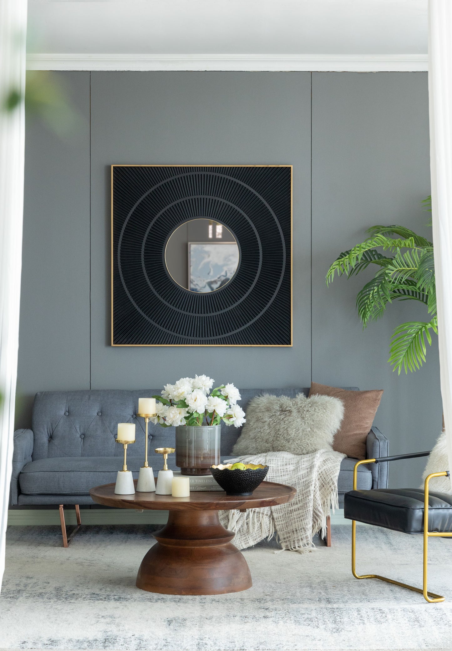 Square Carved Mirror With Pleated Design WithIron Frame, Neutral Colorway Wall Decor For Living Room Bathroom Entryway