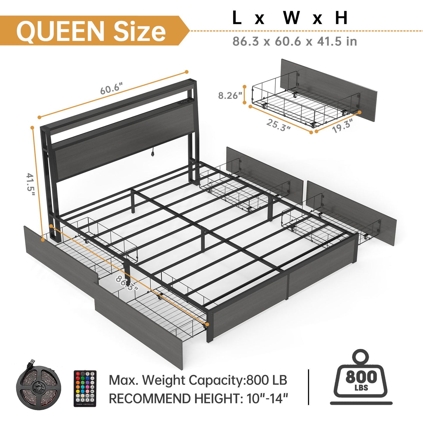Bed Frame With Headboard, LED Lights & Charging Station