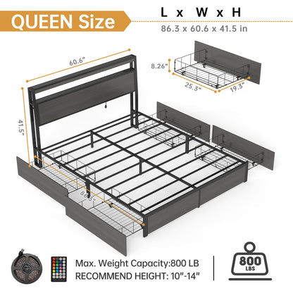 Bed Frame With Headboard, LED Lights & Charging Station