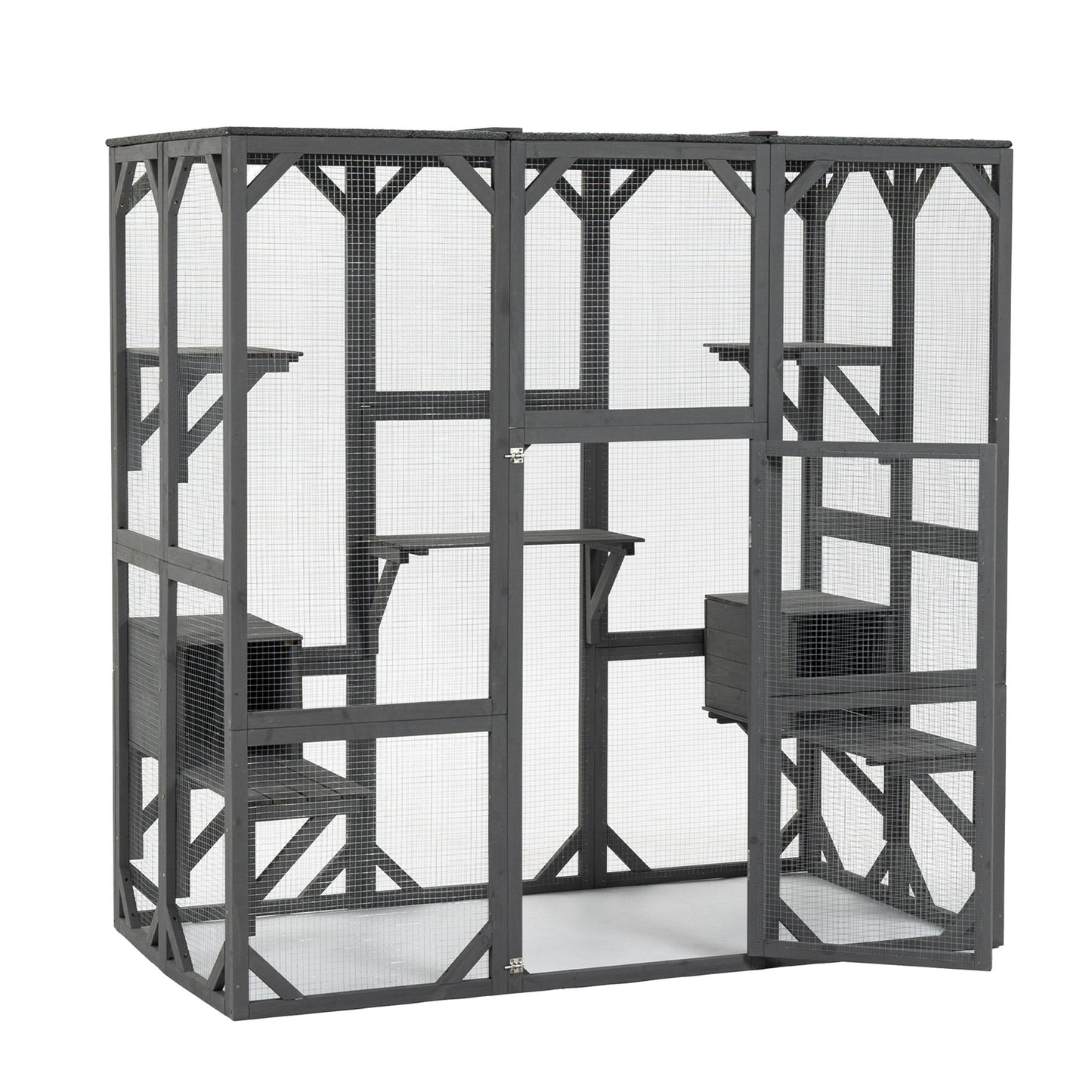Outdoor Cat House Wooden Catio Enclosure With Cover - Large Cat Cage With Jump Platforms And Condos, Weatherproof - Gray